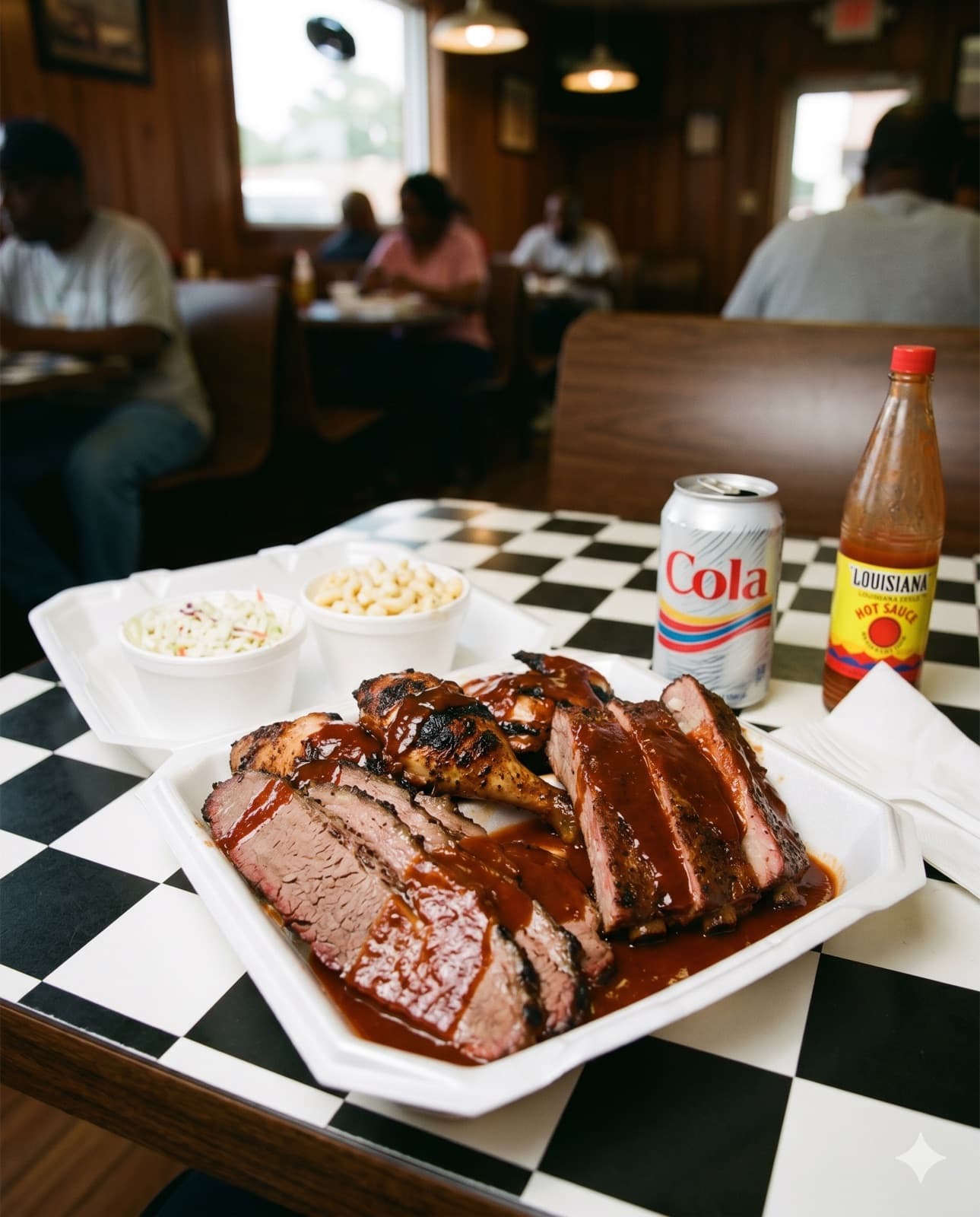 A combination plate of sliced beef, barbecue chicken and ribs with sides