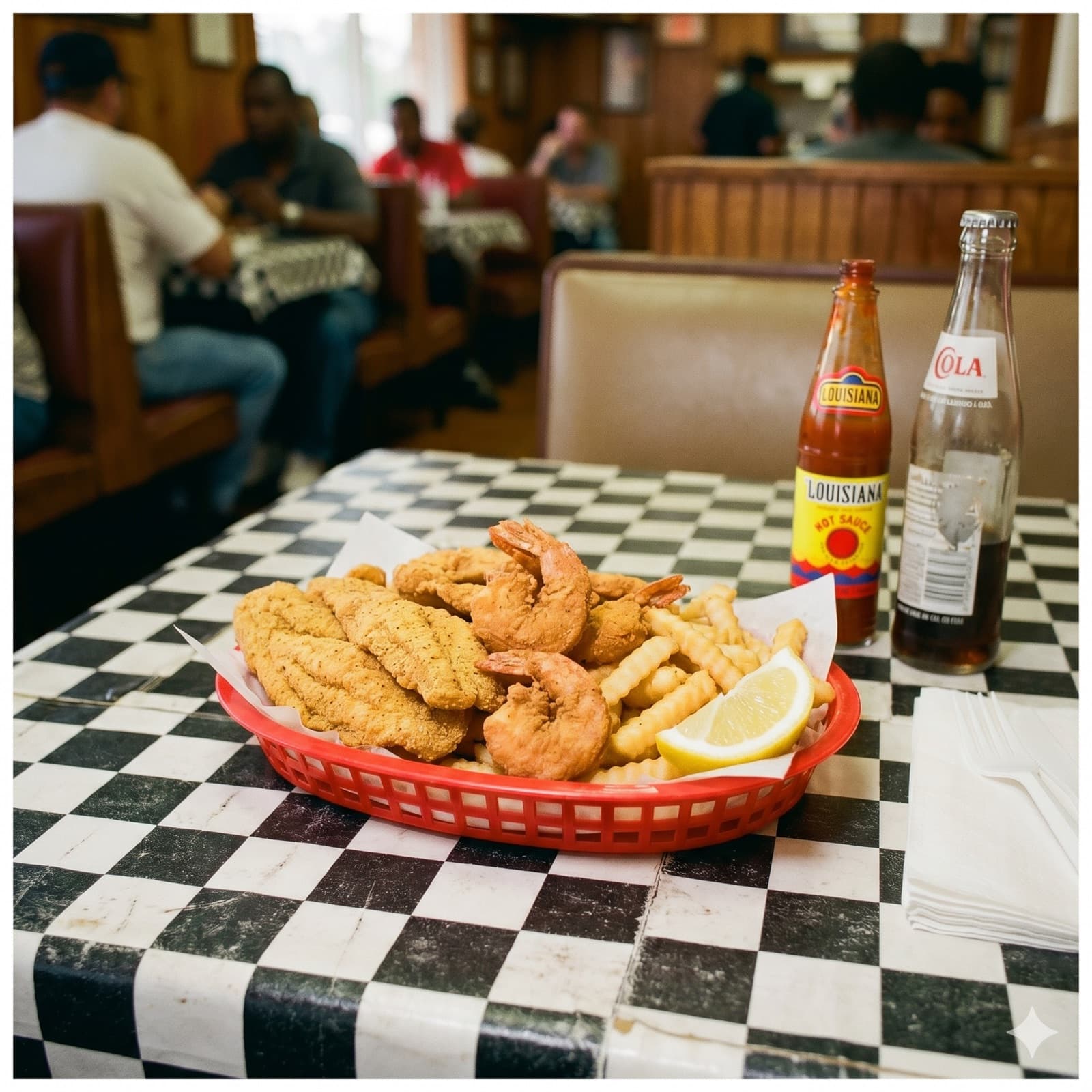 Fried catfish and prawns with fries in a red diner basket on a checkerboard table