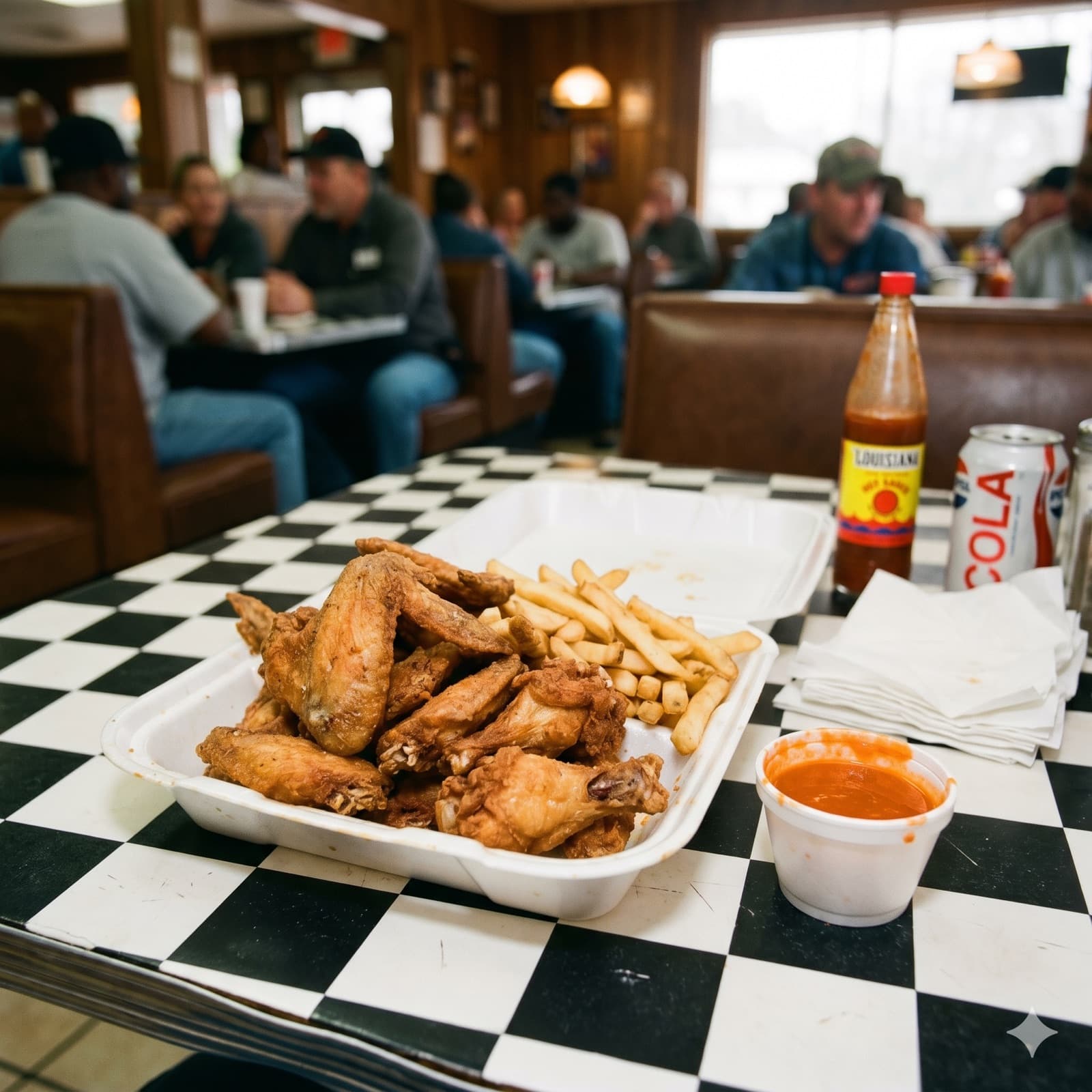 Fried chicken wings and fries in a foam tray with hot sauce
