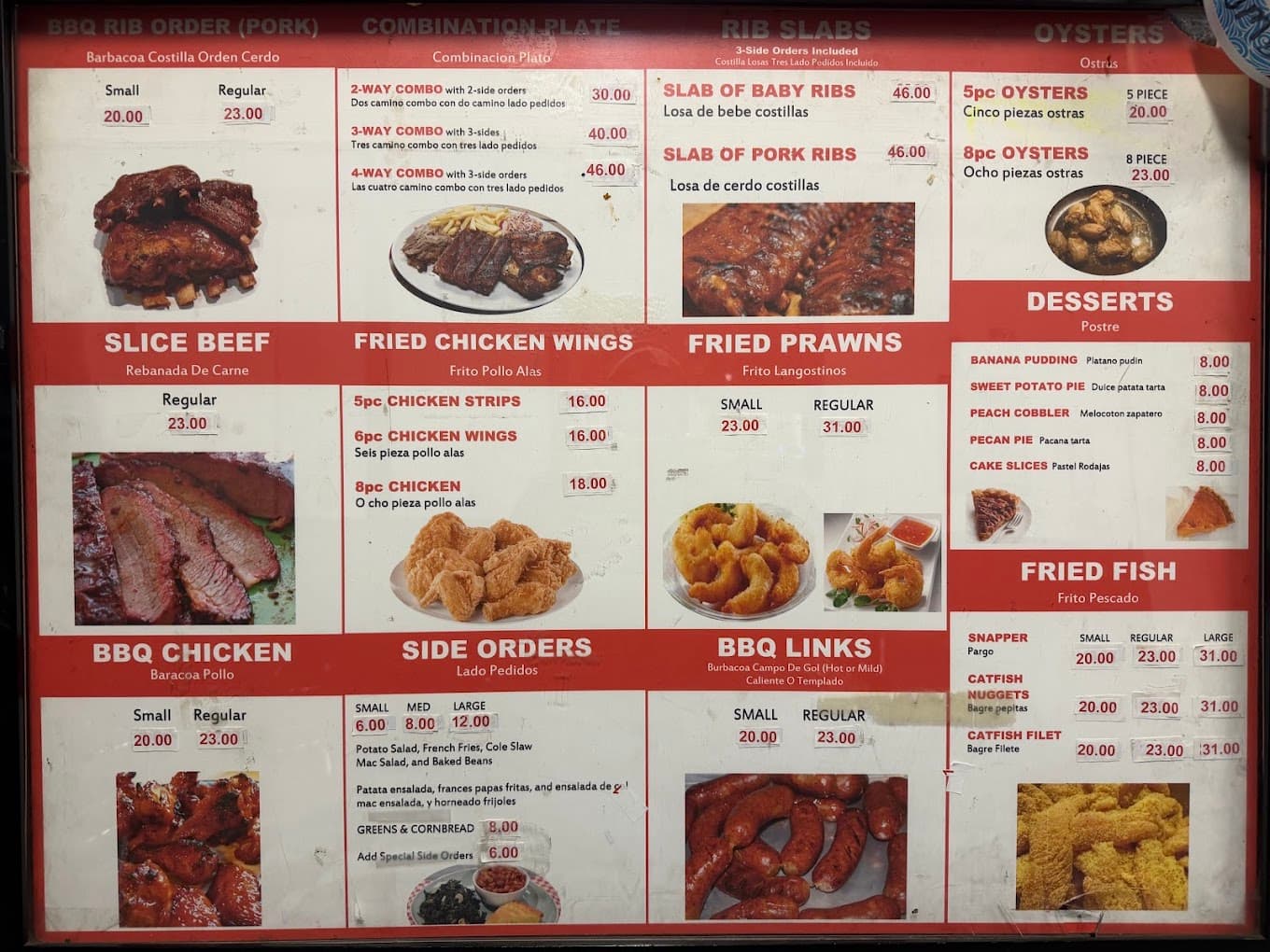 CJ's full menu board showing barbecue, fish and side prices