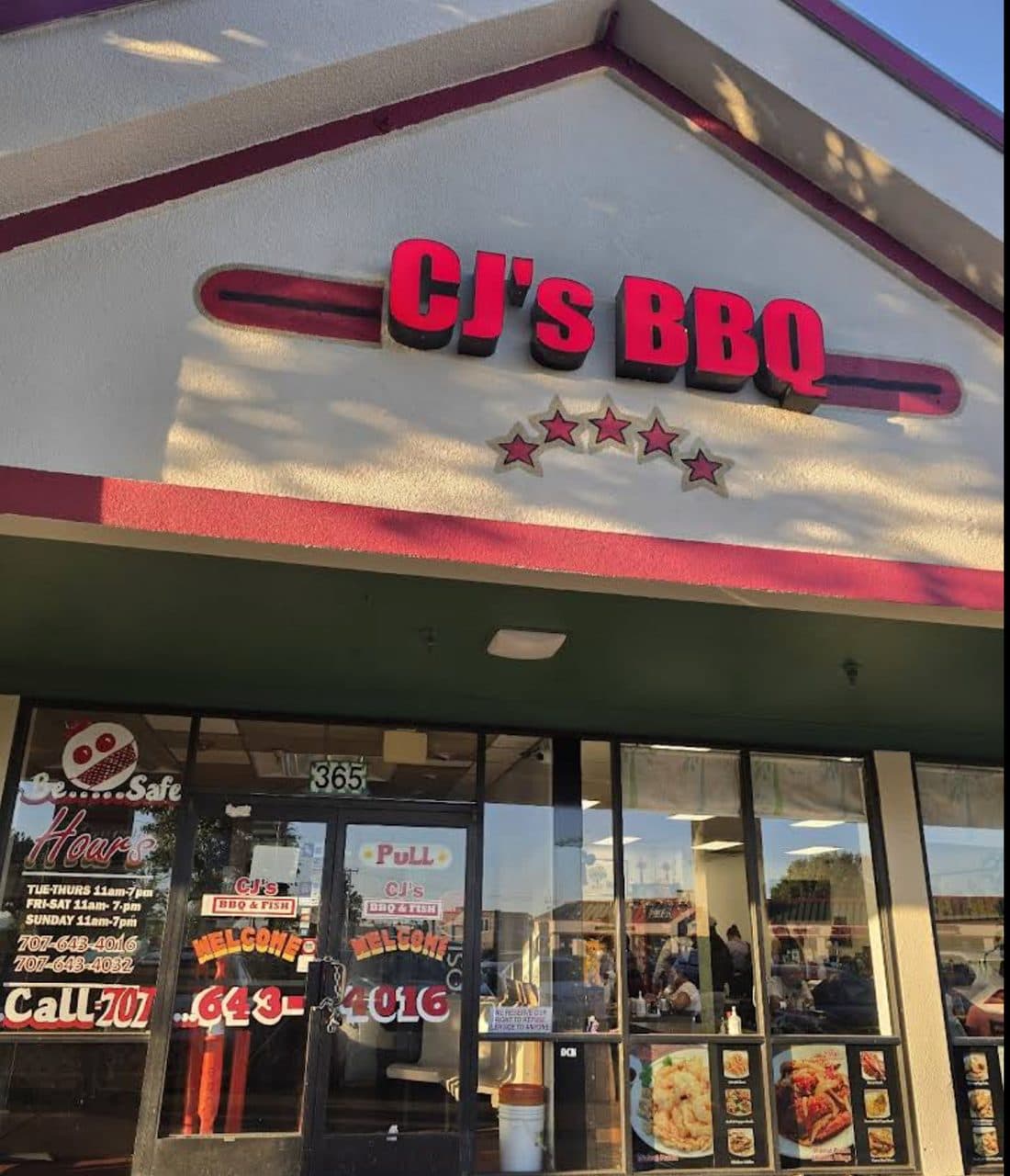 CJ's BBQ storefront in Vallejo with the red sign and four stars
